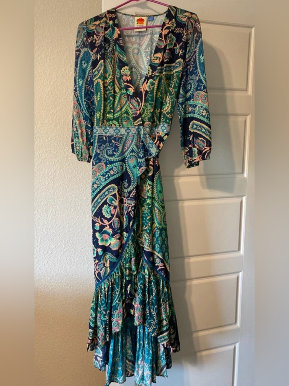 Paisley Print Wrap Maxi Dress in Teal & Navy